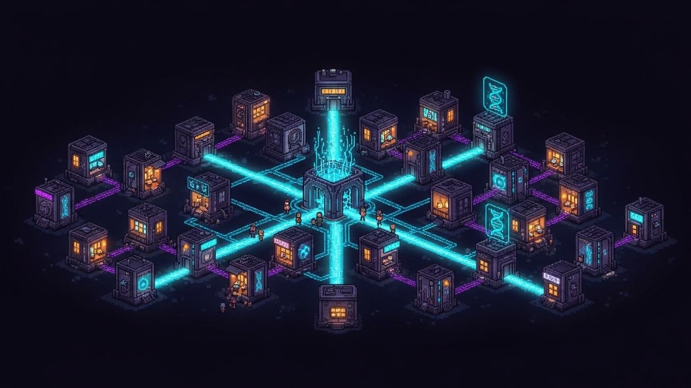 A bird's-eye pixel-art map of cozy vault-buildings linked by glowing cyan and purple conduits — the aDNA network sharing context, AI, and DNA